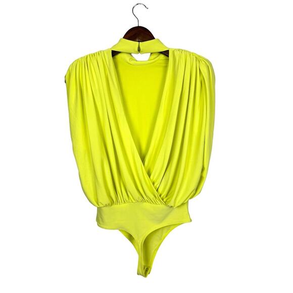 Express Neon Yellow Draped Mock Neck Open Back Thong Bodysuit w Shoulder Pads - Picture 7 of 12